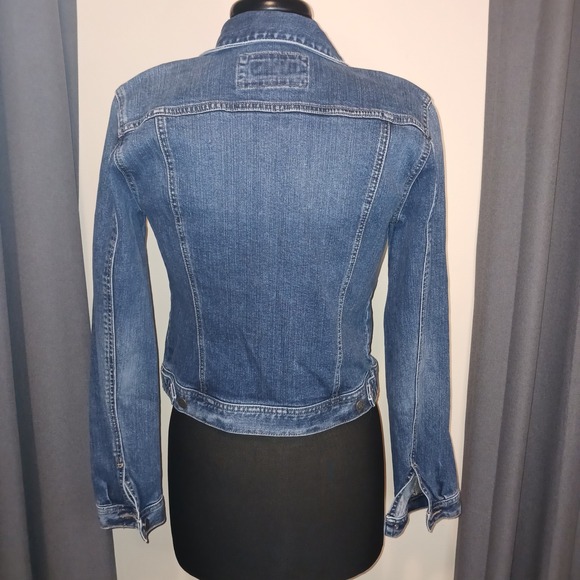 LOFT Denim Jacket Classic Blue Wash Distressed Button Front Long Sleeve Women's - Picture 3 of 11
